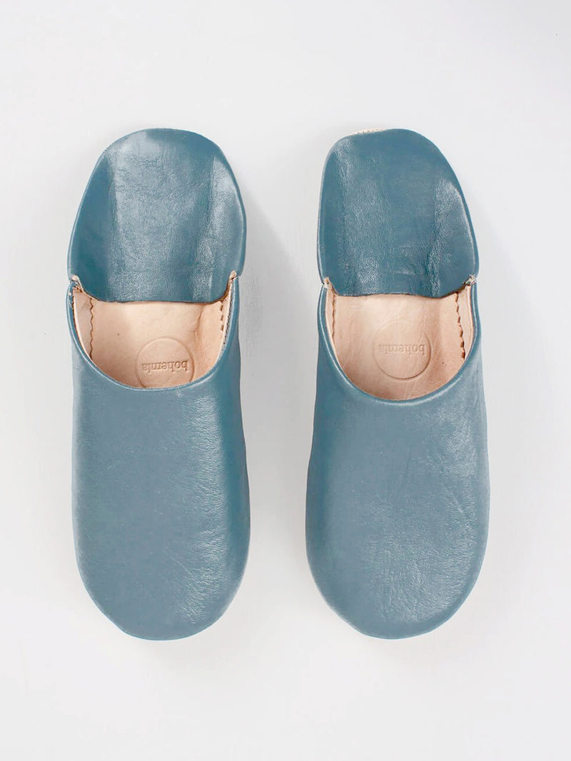 Womens Moroccan Leather Babouche Basic Slippers Blue Grey