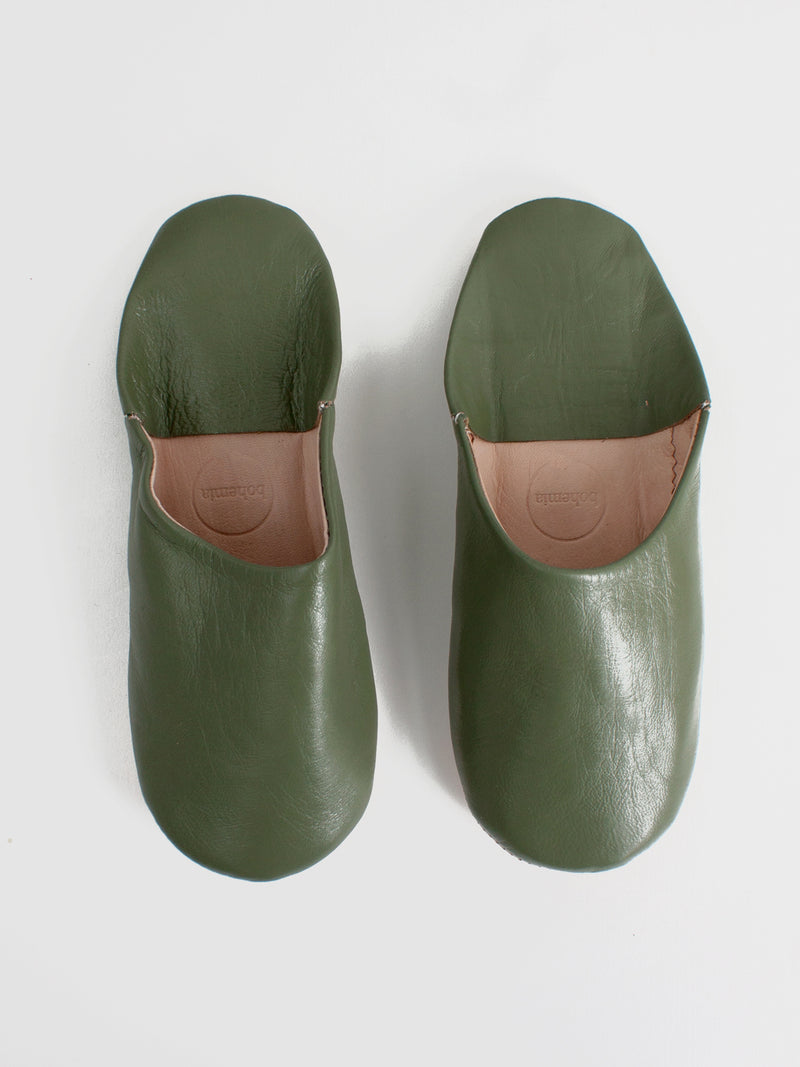 Mens Moroccan Leather Babouche Basic Slippers Olive