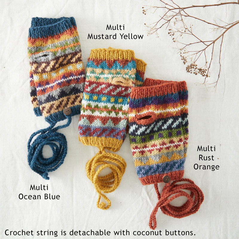 Wool Wristwarmers with Detachable String Multicoloured Rust Orange LAMBA Waste Wool