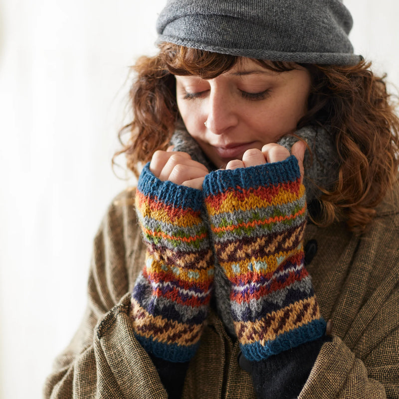 Wool Wristwarmers with Detachable String Multicoloured Ocean Blue LAMBA Waste Wool