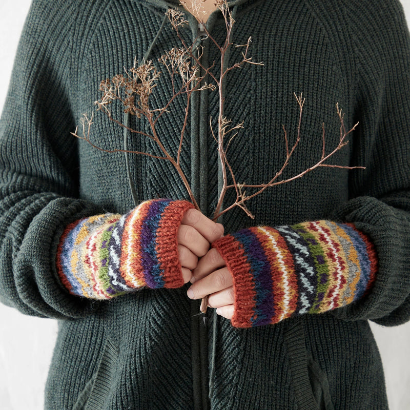 Wool Wristwarmers with Detachable String Multicoloured Rust Orange LAMBA Waste Wool