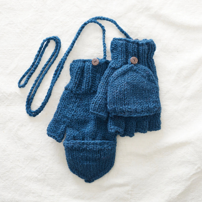 Wool Mitten Fingerless Gloves Lined Ocean Blue Gupta