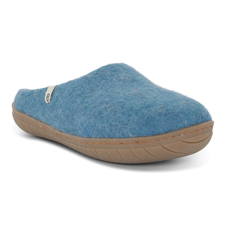 Wool Slippers Sea Blue Rubber Sole Felted Mule