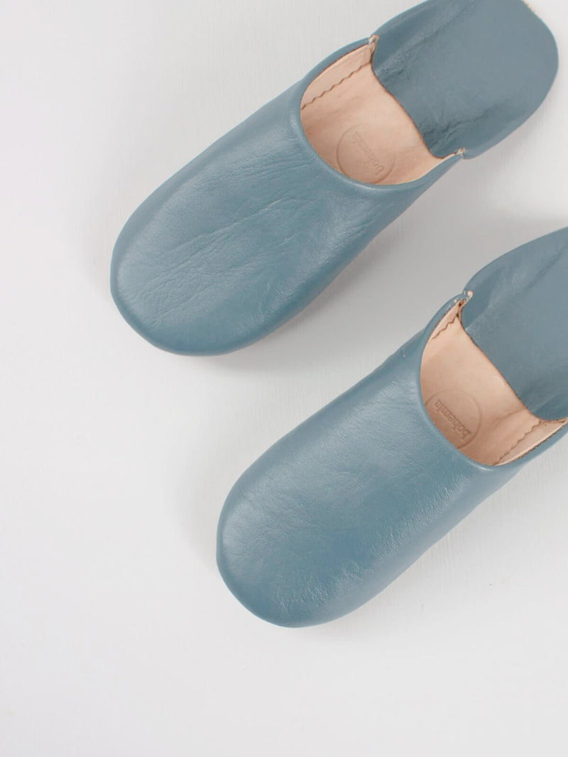 Mens Moroccan Leather Babouche Basic Slippers Blue Grey