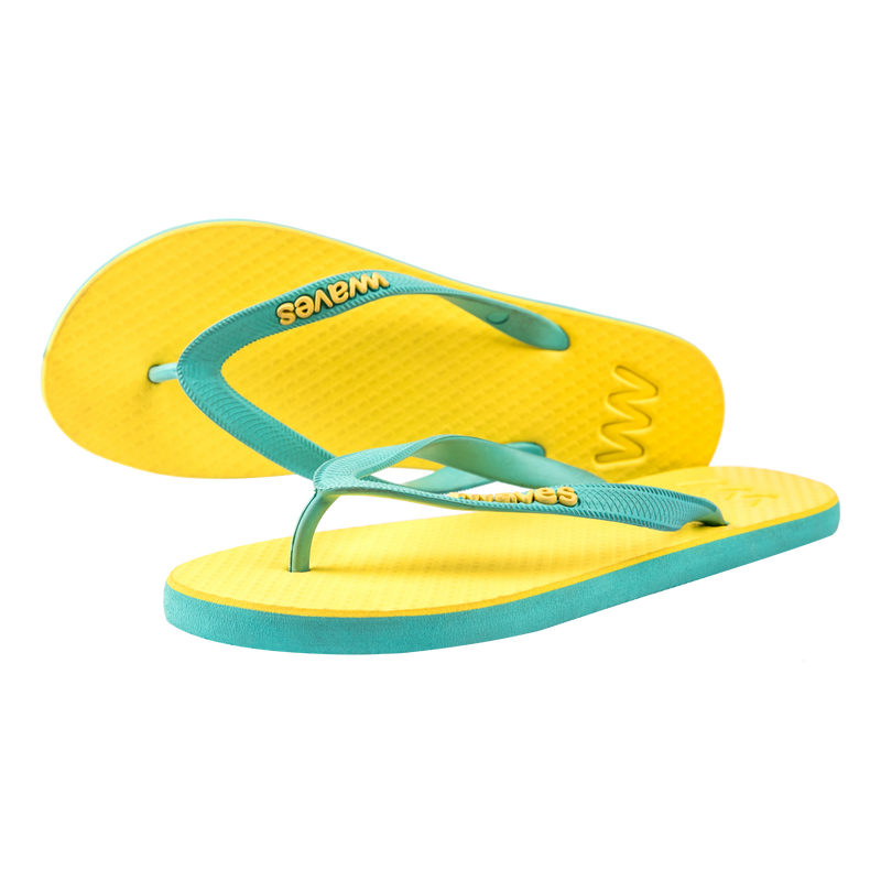 Waves Womens 100% Natural Rubber Flip Flop   Light Blue  / Yellow